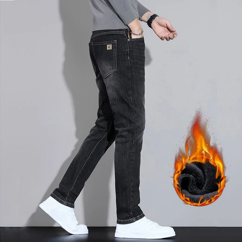 Jeans in velluto spesso in pile invernale da uomo Pantaloni americani slim fit caldi elastici Pantaloni casual semplici in denim alla moda comodi 6