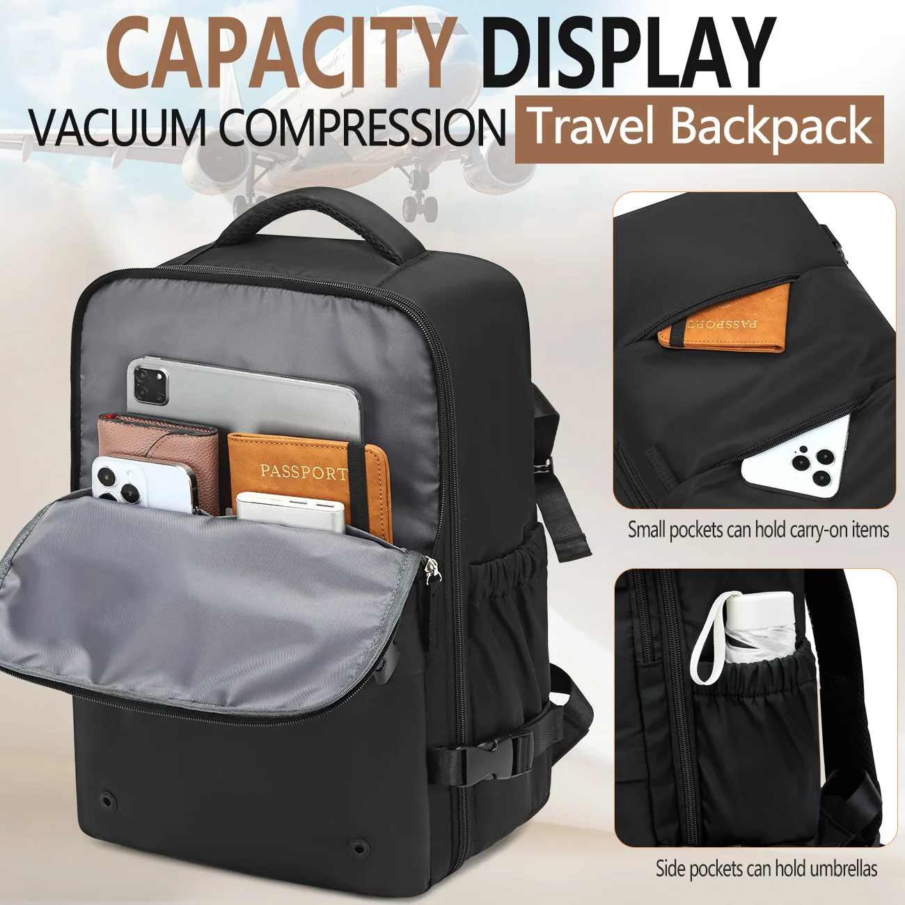 Zaino per college alla moda Zaino per compressione sottovuoto da uomo, Zaino per laptop da 15,6 pollici per donna e uomo Espandi Zaino da viaggio sottovuoto per escursionismo 4
