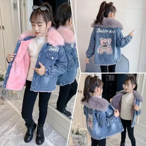 2025 coreano inverno ragazza giacca di jeans cartone animato orso con paillettes più velluto ragazza tuta sportiva cappotto 3-14 anni bambini adolescente Parka 1