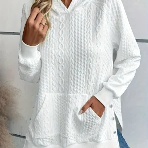 Felpa casual taglie forti, felpa con cappuccio da donna a maniche lunghe con bottoni e cavo solido con tasche 1