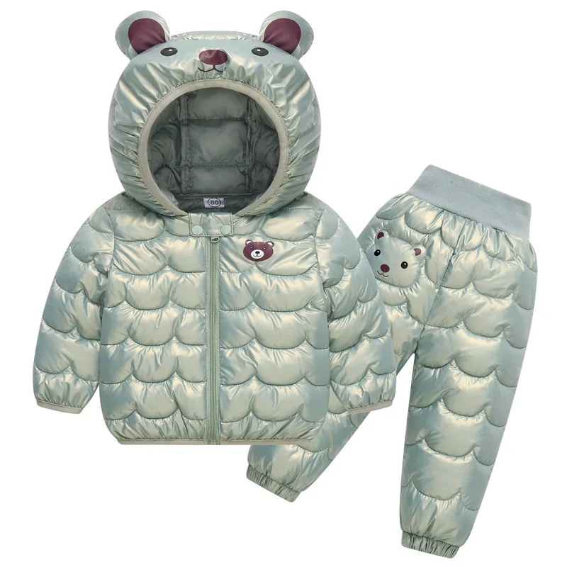 2023 nuovo Set invernale per bambini piumino per ragazzi e ragazze cartone animato orso cappotto con cappuccio + pantaloni Baby Snow addensato Set caldo 0-5Y 6