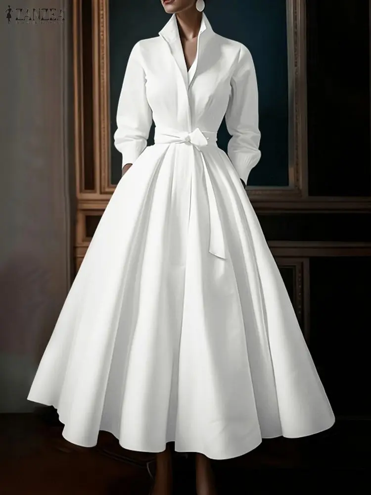 ZANZEA Moda Donna Risvolto Collo Manica Lunga Vestito Da Partito 2025 Autunno Ufficio OL Abiti Con Cintura Veste Solido Una Linea A Vita Vestito Estivo 1