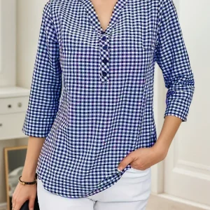 Plus Size Primavera Autunno Donna Fine Plaid Moda Manica lunga Camicetta con scollo a V Slim Fit Temperamento Top Pancia che copre Piccole camicie 1