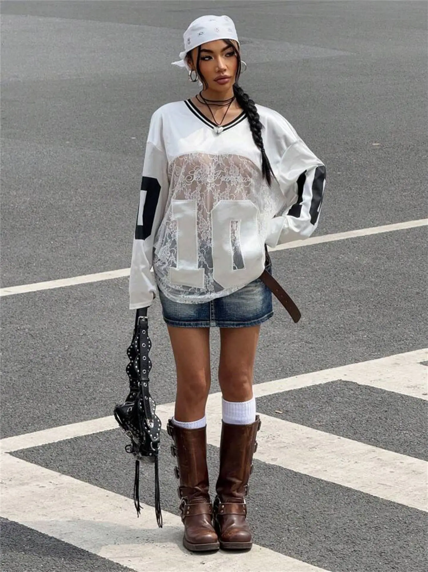 WLWXR Europa e America Sexy Lettera Stampa Pizzo Impiombato Trasparente Scollo a V T-shirt abiti da club per le donne 2025 6