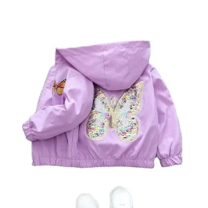 Giacca a vento per bambina con decorazione a farfalla Giacca autunnale con cappuccio Cappotto con cerniera Moda all'aperto Abbigliamento regalo di compleanno di Natale 1