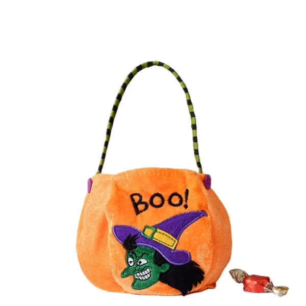 Secchio per dolcetti o scherzetto in peluche di zucca di Halloween 6,3x4,7 pollici - Simpatico cestino per caramelle mostro per bambini con manico 6
