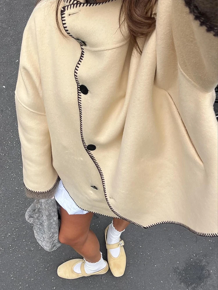 HH Donna Autunno Moda Cappotto allentato Donna Cappotto casual Dolcevita a maniche lunghe Monopetto Decora giacche stile street solido 3