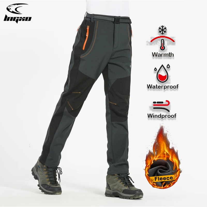 LNGXO Pantaloni da trekking in pile spesso caldo da uomo Pantaloni da pioggia invernali impermeabili antivento per esterni Soft Shell Trekking Pantaloni da sci da campeggio 1