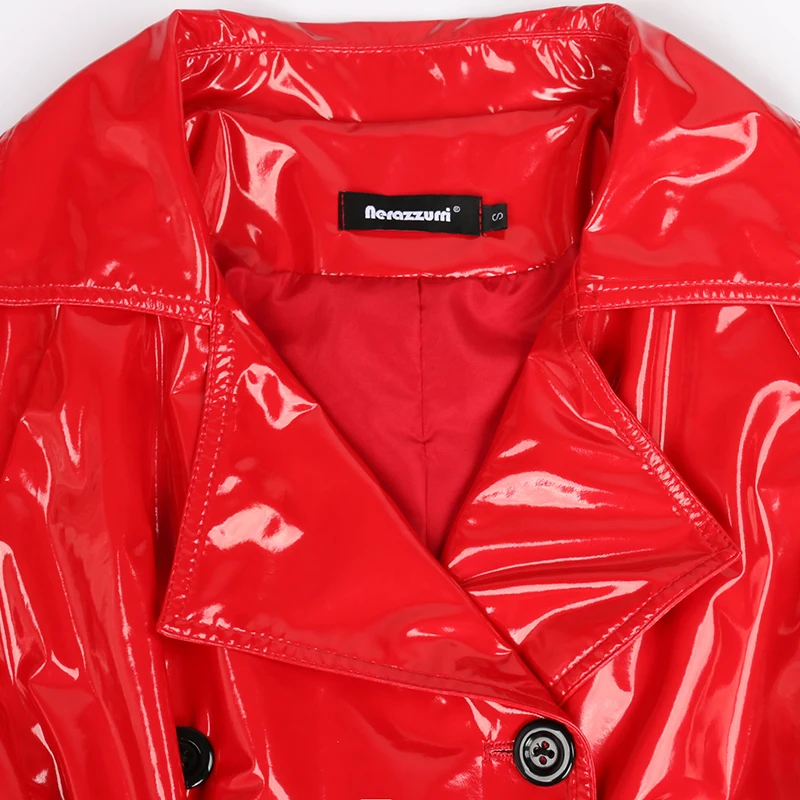 Trench Nerazzurri autunno lungo rosso impermeabile lucido riflettente in pelle verniciata per donna doppio petto Plus Size moda 5
