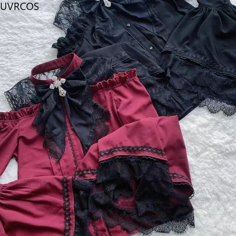 Camicie stile Lolita gotico Y2k Donna Colletto arricciato Kawaii Camicetta a maniche lunghe svasata Donna Top slim vintage vittoriani giapponesi 3