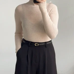 BirdTree, maglione sottile sottile sottile 100% lana, collo finto a maniche lunghe da donna, top elastico alto con fondo senza cuciture, autunno inverno 2025 T46985QM 1