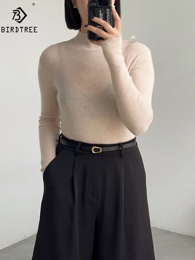 BirdTree, maglione sottile sottile sottile 100% lana, collo finto a maniche lunghe da donna, top elastico alto con fondo senza cuciture, autunno inverno 2025 T46985QM 1