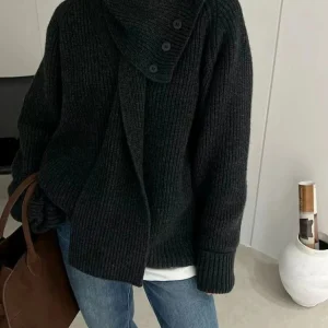 Maglione allentato Donna Autunno e Inverno 2025 Nuovo pullover lavorato a maglia Addensato Caldo stile pigro Sciarpa staccabile Colletto Maglione Mujer 1