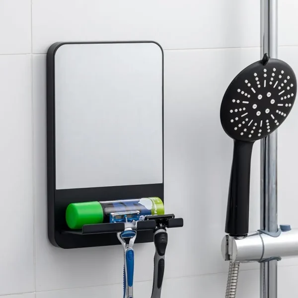 TAILI Specchio da barba per doccia con vassoio portaoggetti, con porta rasoio, ventosa rimovibile, infrangibile, specchio da bagno senza nebbia 1