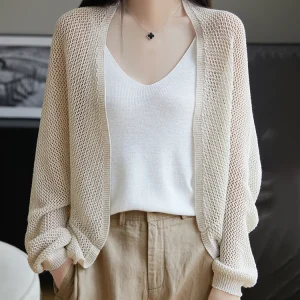 2025 Nuovo Scava Fuori Maglia Allentata Cardigan Donne Traforato Scialle di Lino Estate Kimono Stile Unico Mantello Scialle Maglione Coprispalle Top 1