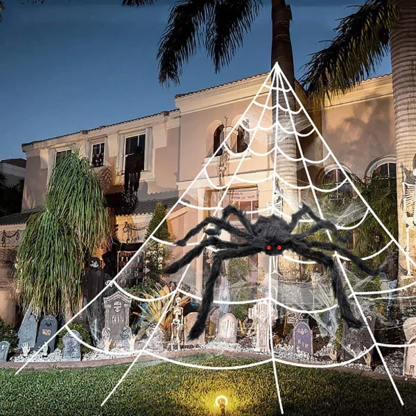 Ragnatela triangolare di Halloween, ragnatela di simulazione di peluche grande da 5 m, oggetti di scena per la decorazione del cortile esterno della casa stregata 2