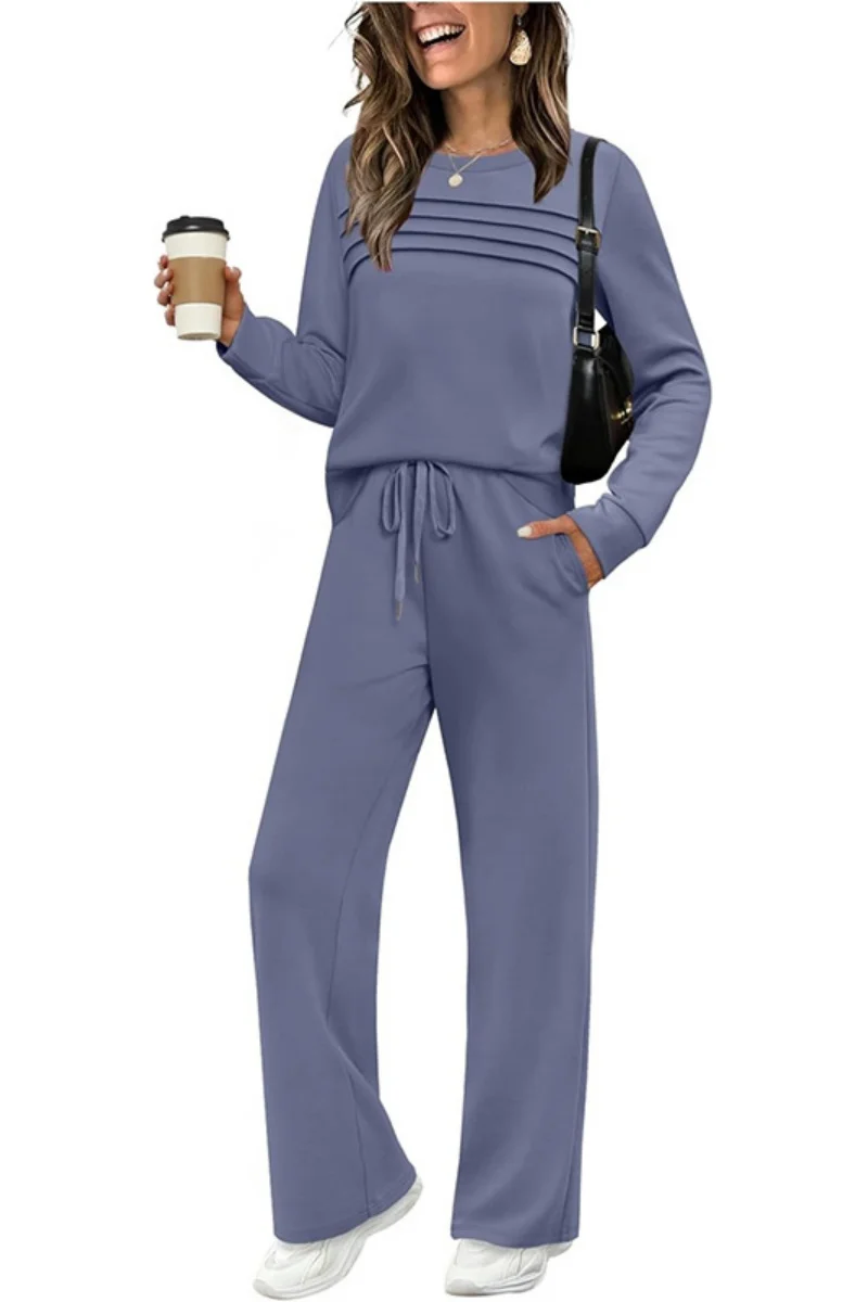 2025 Nuovo Autunno Europeo e Americano Transfrontaliero Vestito da Donna Manica Lunga Girocollo Top Casual Elastico in Vita Larga Leganti 4