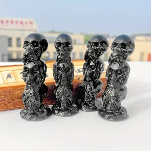 1 pezzo di squisita statuetta di cristallo con tre teschi di ossidiana - Artigianato unico fatto a mano decorativo per Halloween, feste e decorazioni per la casa 1