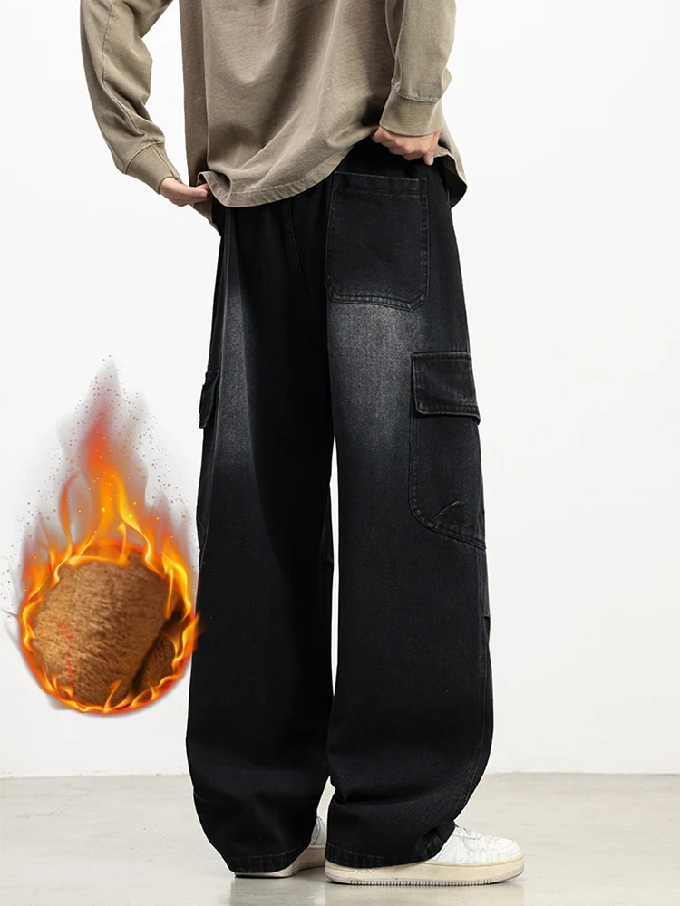 Jeans cargo in pile invernale da uomo con 5 tasche Jeans larghi dritti a gamba larga Pantaloni in denim caldo spazzolato Taglia asiatica L-6XL 5