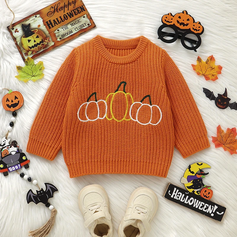 Arancione Zucca di Halloween Lavorato a maglia Neonati maschi Maglioni Vestiti Inverno Neonato Maglieria Pullover Top 1-3Y Abbigliamento per bambini 1