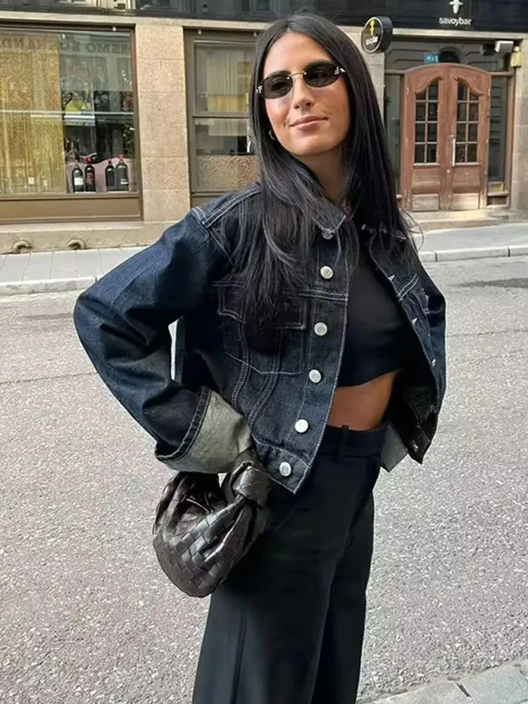 HH Set di pantaloni da giacca di jeans vintage da donna Cappotto monopetto con risvolto a maniche lunghe Pantaloni a gamba larga Jeans Abiti da strada 5