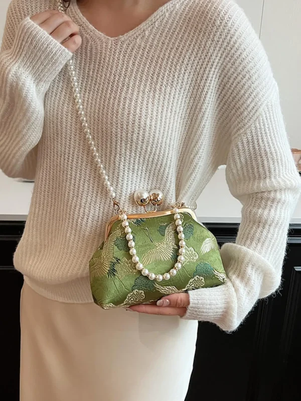 Borsa da sera cinese alla moda e con clip con stampa floreale a contrasto, semplice catena di perle, elegante borsa a tracolla 4