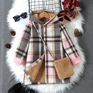 Giacca da ragazza di media lunghezza calda ispessita autunno e inverno Giacca con cappuccio in pile con bottoni scozzesi e borsa a tracolla 1