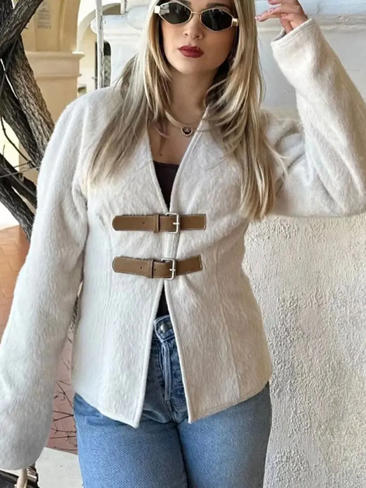 HH Cappotto di lana con fibbia in pelle retrò Moda donna Solido scollo a V Manica lunga Giacca beige Autunno Primavera Chic Streetwear femminile 6
