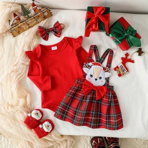 3 pezzi autunno Natale neonato neonata copre set maglia pagliaccetto rosso cervo plaid gonne abiti costume 0-1 anni + fascia 1