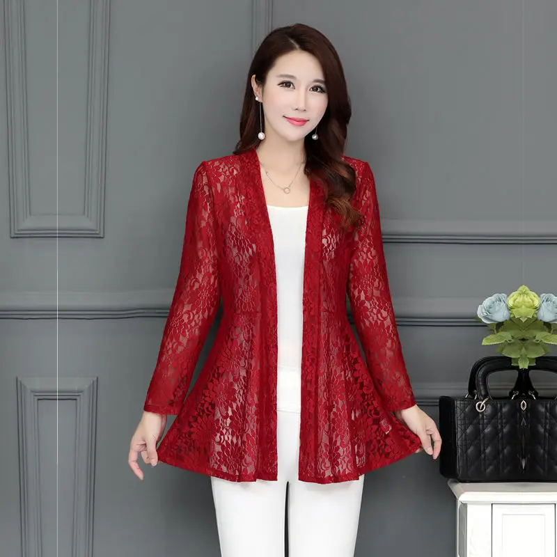 Moda Giacca in pizzo Scialle Donna Nuova estate Protezione solare Abbigliamento Cappotto autunnale da donna di mezza età Capispalla Cardigan sottile 5