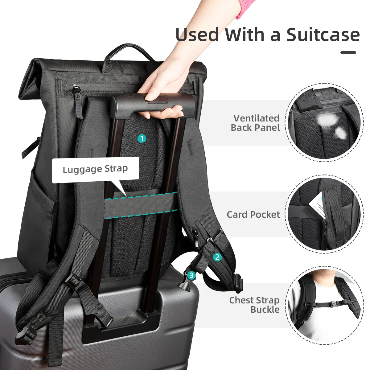 Zaino per laptop Rolltop Heroic Knight Scomparto espandibile resistente all'acqua Zaino da lavoro elegante da uomo Zaino da viaggio casual 5