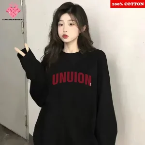 T-shirt nera stile coreano Donna Autunno Inverno 2025 Nuovo 100% cotone T-shirt a maniche lunghe Allentato Casual Y2k Top Abiti femminili 1