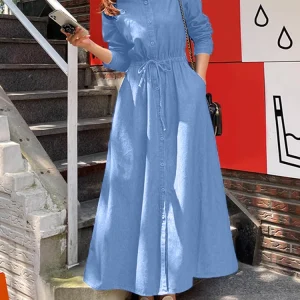 ZANZEA Donna Elegante Manica Lunga Lavoro Vestito Estivo 2025 Primavera Denim Blu Abito Casual Risvolto Collo Vacanza Abiti Maxi Robe Caftano 1