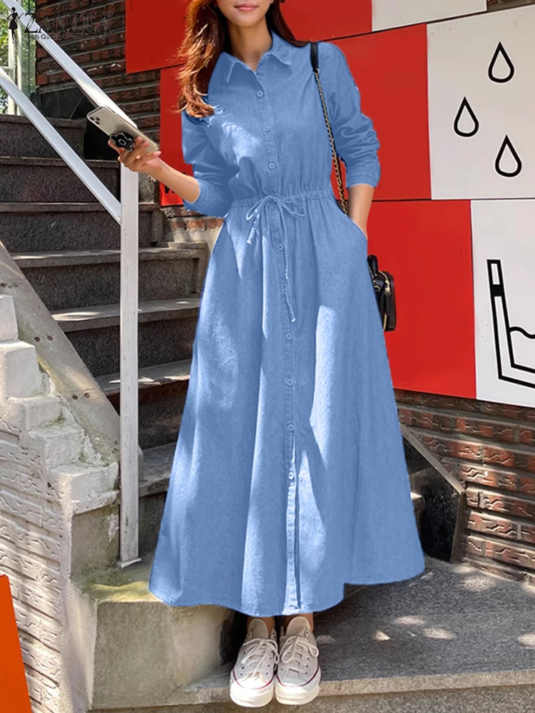ZANZEA Donna Elegante Manica Lunga Lavoro Vestito Estivo 2025 Primavera Denim Blu Abito Casual Risvolto Collo Vacanza Abiti Maxi Robe Caftano 1