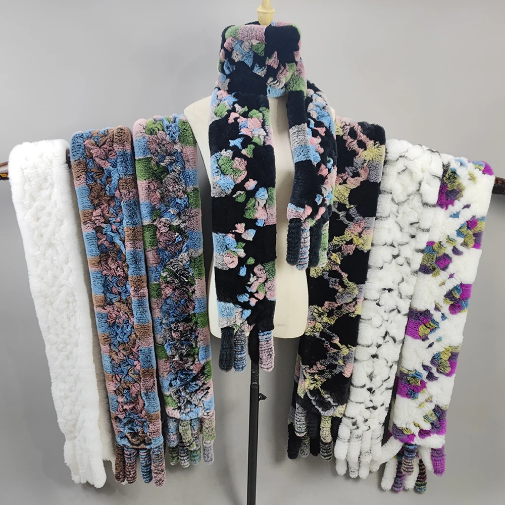 2025 Sciarpa di pelliccia di coniglio Rex reale invernale da donna stile lungo Sciarpe di pelliccia di coniglio Rex naturale Sciarpe ad anello di pelliccia di coniglio Rex lavorato a maglia da donna 6