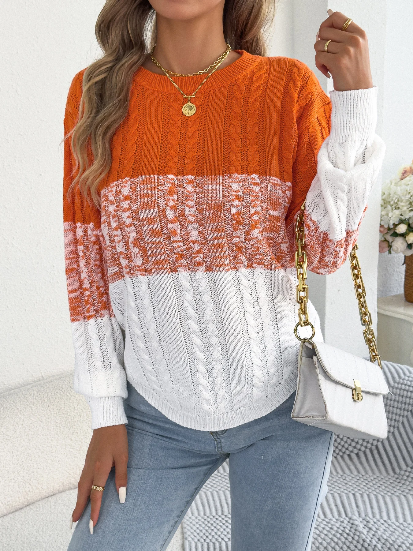 Maglione da donna casual a righe a blocchi di colore girocollo lanterna manica lunga twist top in maglia per abiti da donna autunno inverno 2025 3