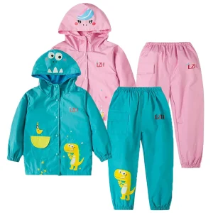 Primavera Unicorno Vestiti Impermeabili Manica Lunga Ragazzo Ragazze Abiti Felpa Con Cappuccio Cappotto + Pantaloni Set Impermeabile Abbigliamento Per Bambini 2 4 6 Anni 1