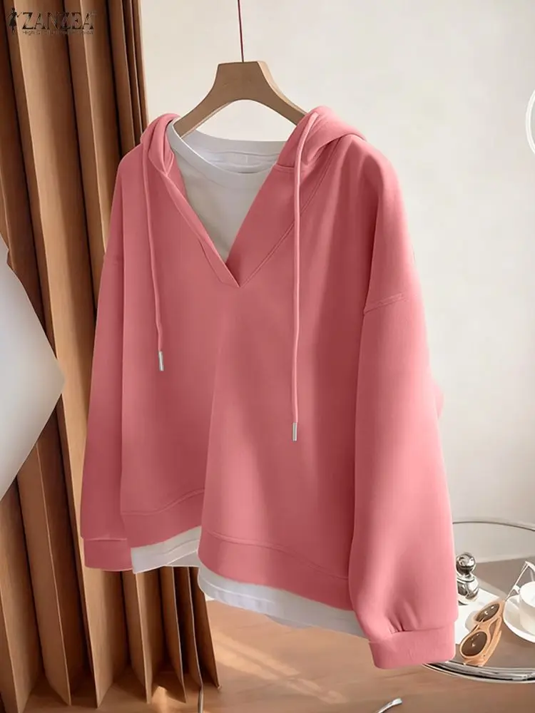 ZANZEA Felpe con cappuccio da donna Felpe con cappuccio a maniche lunghe moda Pullover casual solidi larghi 2025 Maglioni autunno inverno Top eleganti 3