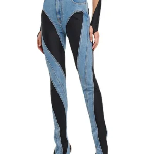 Jeans da donna a blocchi di colore firmati Slim Decostruisci con pannelli patchwork a vita alta Pantaloni lunghi in denim blu divisi Autunno 1