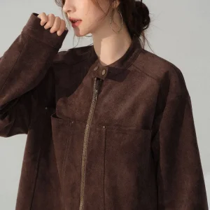 Giacca bomber vintage in pelle scamosciata Capispalla corto ampio per donna Colletto alla coreana Giacca con zip Stile casual Autunno Morbida finitura calda 1