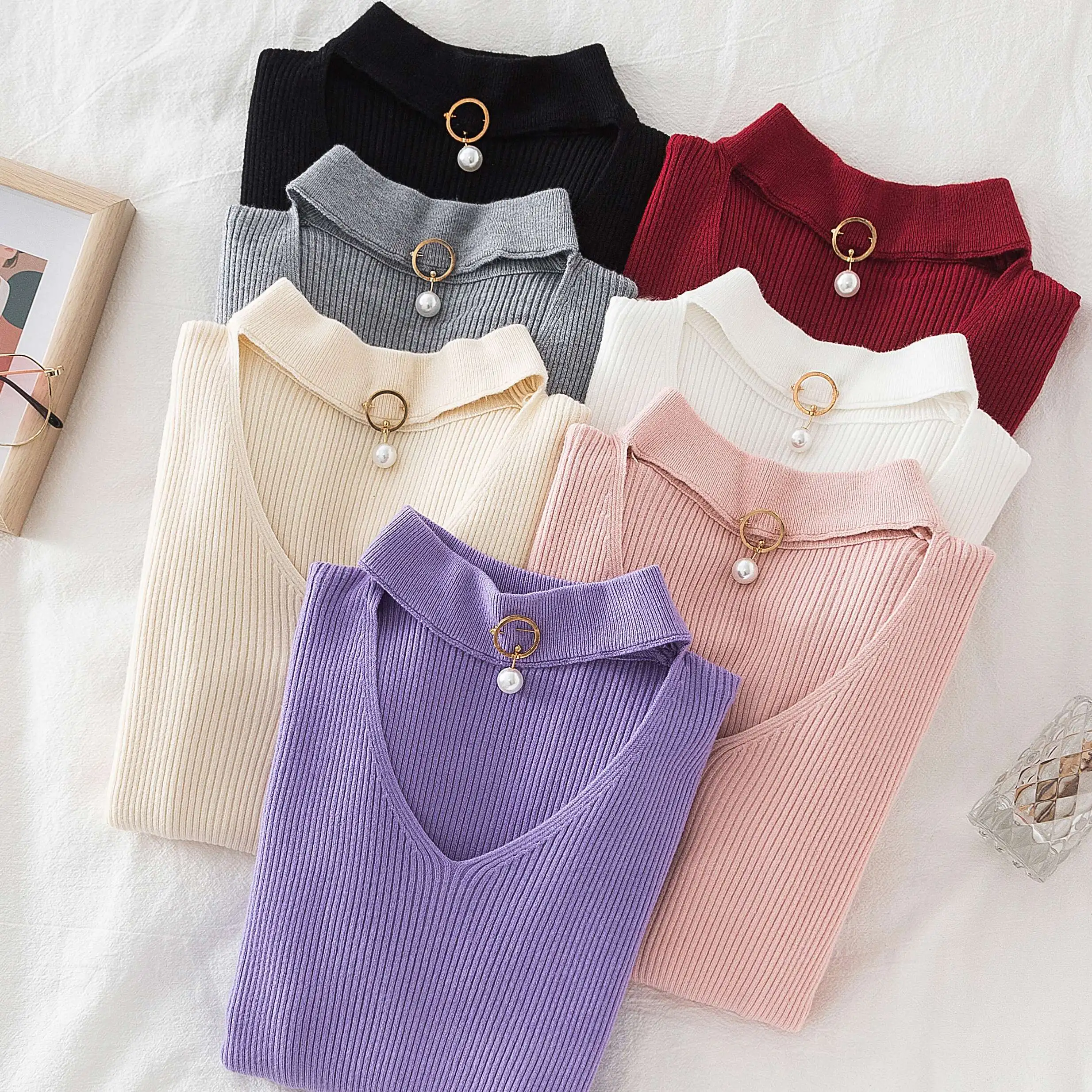 Woherb 2025 Basic scollo a V che borda solido autunno inverno maglione pullover donna maglioni lavorati a maglia maglione Badycon elasticizzato sottile Mujer 2