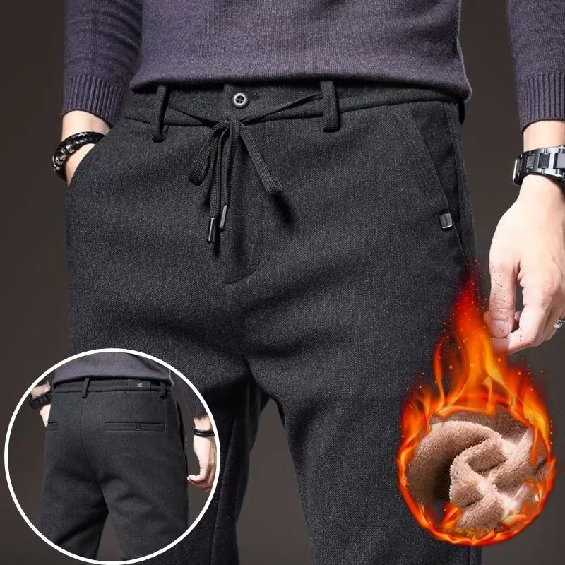 Pantaloni da ufficio termici da uomo autunno inverno pantaloni dritti a gamba stretta classici pantaloni casual con coulisse design allacciato pantaloni in pile addensati 1