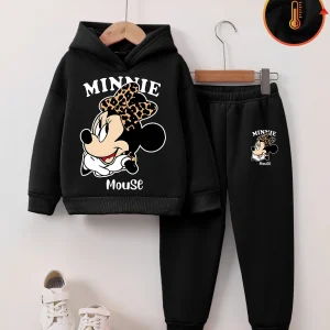 Abito pantalone a maniche lunghe in due pezzi da ragazza Disney con simpatica stampa Topolino, nuova felpa in pile con cappuccio autunno e inverno, regolare- 1