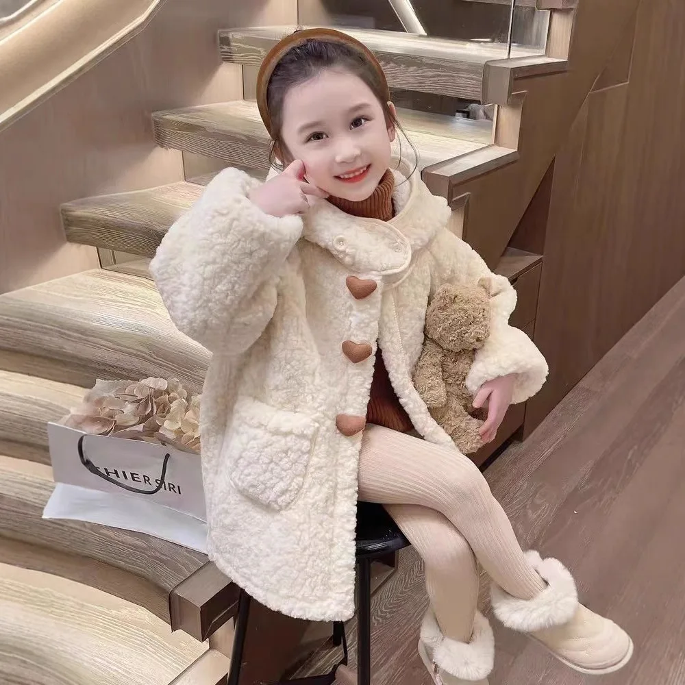 Giacca invernale in lana di cashmere per ragazze nuove tinta unita spessa calda monopetto cappotto con cappuccio per 4-10 anni capispalla moda per bambini 2