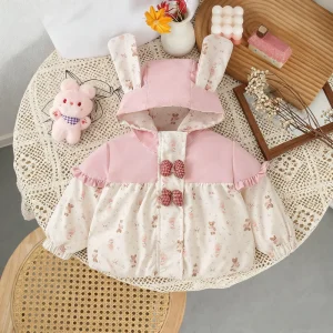 Cappotto da ragazza Primavera/Autunno Giacca da bambino e per bambini con cappuccio in cotone floreale Capispalla per bambini con orecchie carine Vestiti per bambina 1