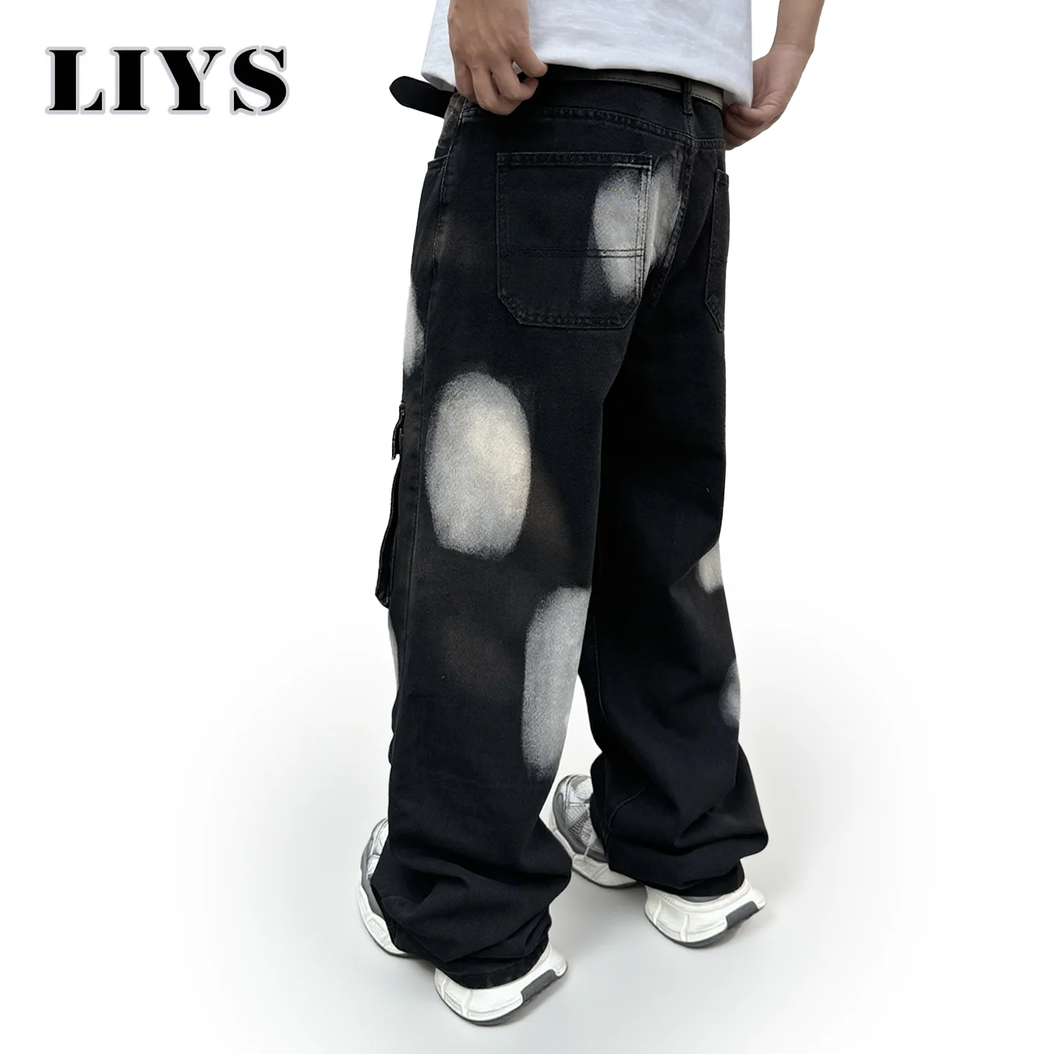 Jeans da lavoro a gamba dritta neri da uomo autunno inverno 2025 con tasche multiple Pantaloni in denim maschile con inchiostro spruzzato stile High Street 5