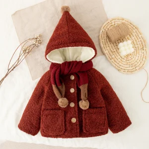 Nuovo cappotto invernale spesso e caldo per bambina, vestiti per bambini per la festa di Natale con sciarpa gratuita (9 mesi - 4 anni) 1
