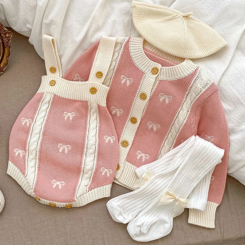 Autunno bambini vestito lavorato a maglia neonate abbigliamento Set fiocco ricamato Cardigan lavorato a maglia + tuta neonate vestiti vestito 2