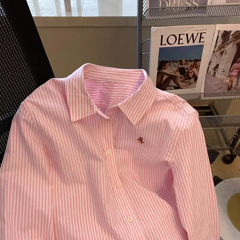 Camicia a bottone con collo a Polo a righe top manica lunga allentata camicetta High Street All-match moda Casual primavera nuovo abbigliamento donna 3
