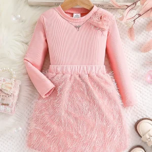 Gonna corta Mao rosa girocollo a maniche lunghe e giunture per bambini, grazioso set da 2 pezzi, nuova moda, primavera e autunno 1